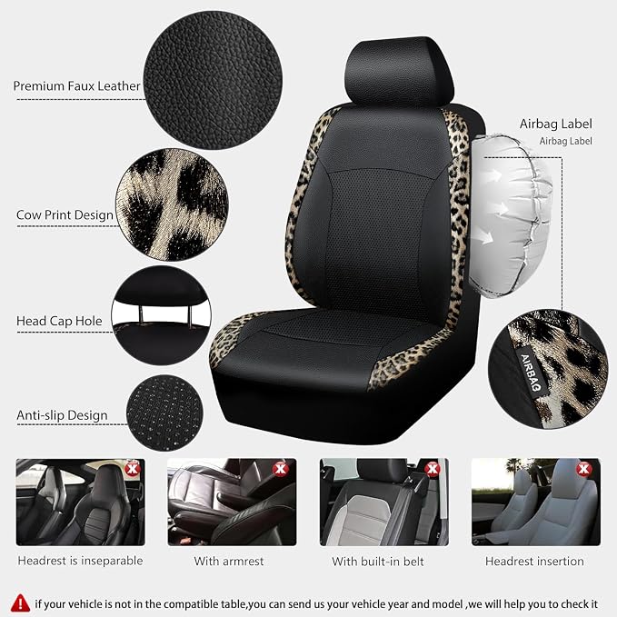 Leopard Print Faux Leather Car Seat Covers & Leopard Car Mats&Leopard Steering Wheel Cover Seat Belt Universal Car Accessories for SUV,Van,Saden,Truck Automobile Interior Sets(Gold Black)