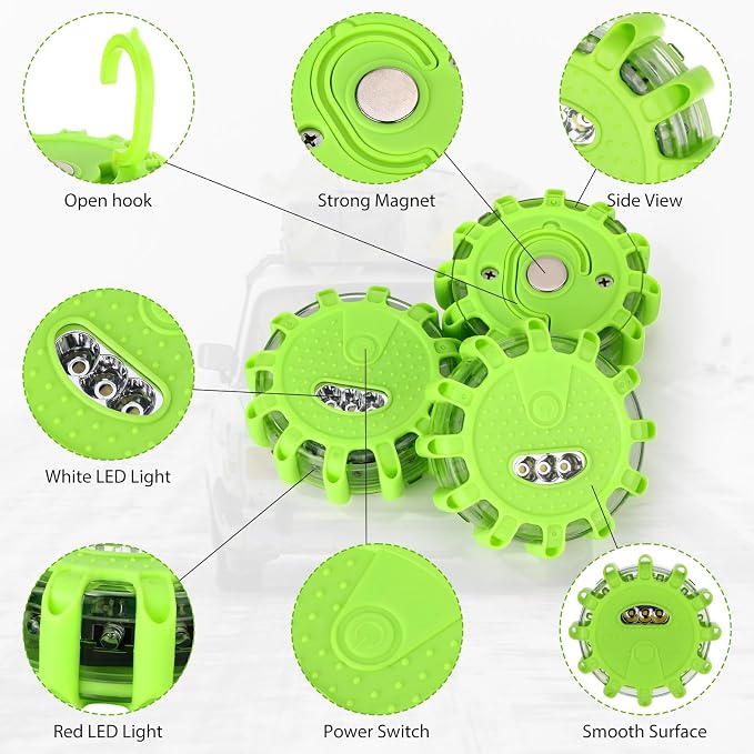 12 Pack LED Road Flares Emergency Lights Roadside 9 Flash Modes Warning Car Safety Beacon Magnet Hook Flashing Disc Flare Kit for Vehicles Car Truck Boats Holiday Gift(Green)