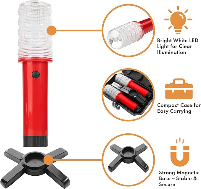 LED Safety Strobe Road Warning Light, Set of 4 | Emergency Roadside Flares Kit, Highway Beacon Alert Flare, Magnetic Base, Detachable Stand, Solid Storage Case