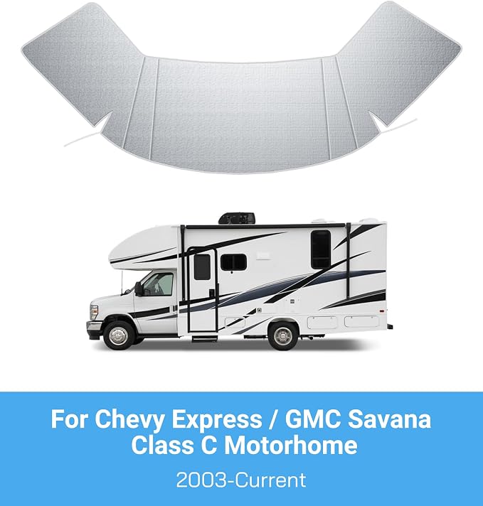 Oxford Windshield Cover for Chevy Express/GMC Savana Van 2001-2026, Thick Class C Motorhome Front Window Cover, for Ice & Snow, Silver with Mirror Cutouts