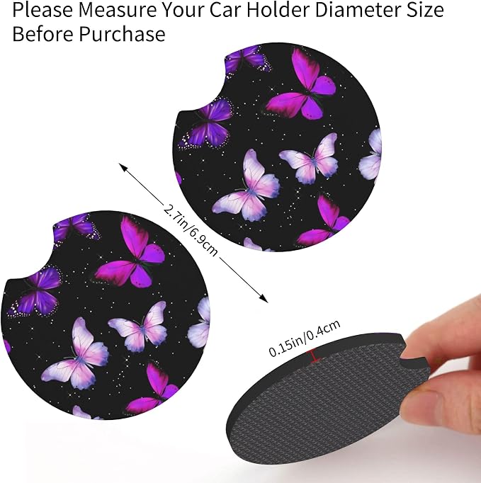 Butterfly Purple Steering Wheel Cover Set + Butterflies 2 Car Coasters | Cute Fashion Car Accessories, Breathable Anti-Slip, Universal 14-15 Inch, Neoprene Coasters, Gift for Women Men