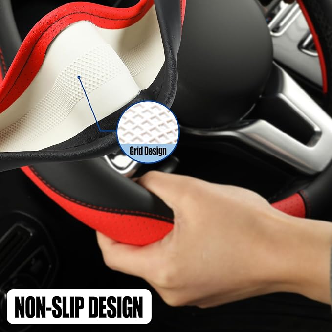 Black Red Microfiber Leather D Shaped Steering Wheel Cover | Breathable Anti Slip Grip Cool Sporty Look Glow for Women Men