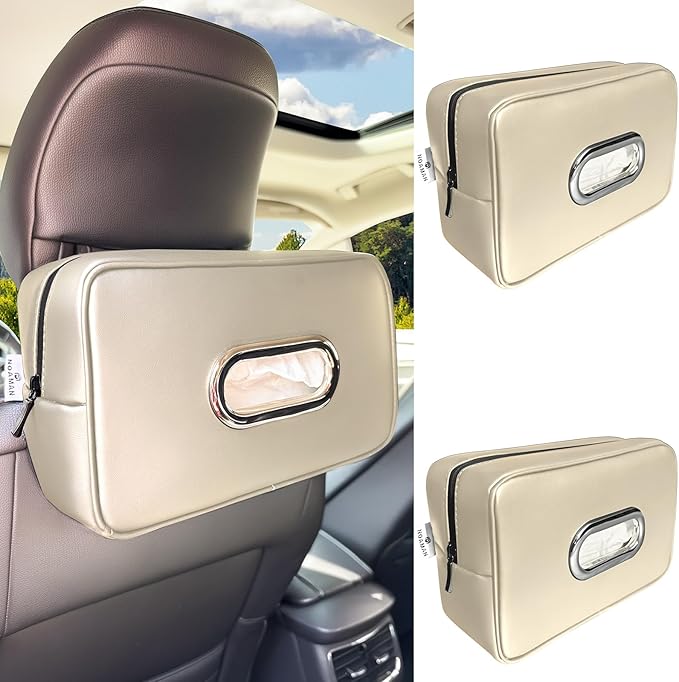 Upgraded 2 Pack Large Car Tissue Holder PU Leather Tissues Box Cover Backseat Rectangular Napkin Holder for Car Fits for 120 Standard Kleenex Tissues Box for Car Organization Accessories Beige