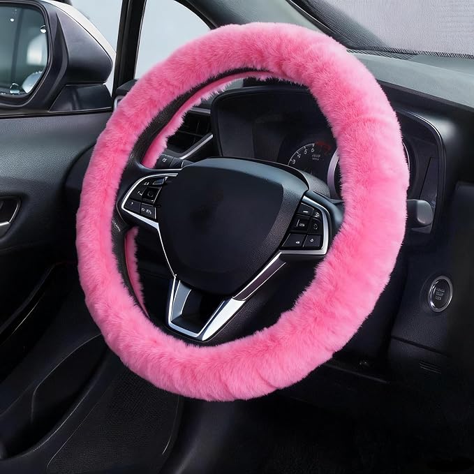 Furry Car Steering Wheel Cover, Heat Absorbing Fluffy Cover, Soft Warm Plush Non-Slip, 14 1/2-15 inch, for Women Girls, Pink