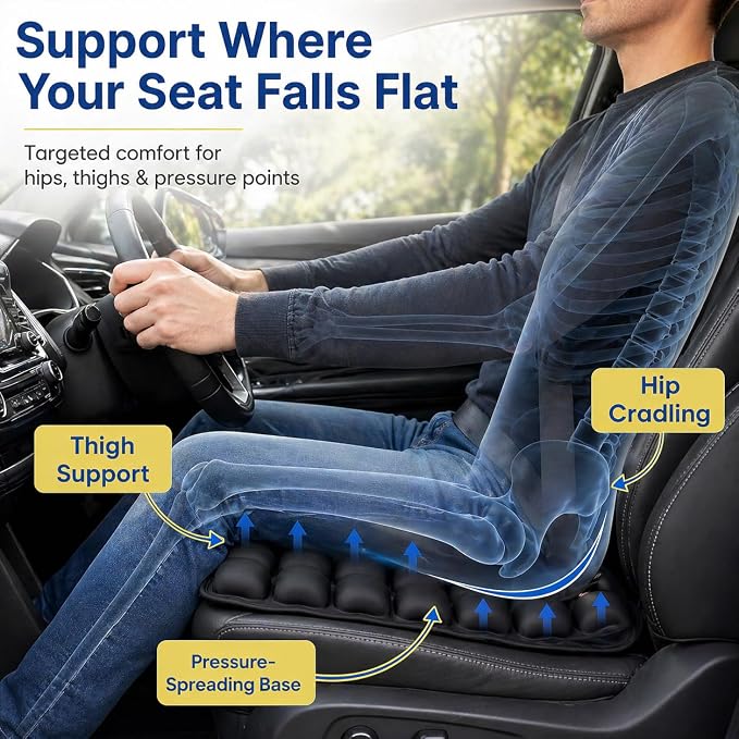 Car Seat Cushion for Long Drives, Seat Cushion for Car, Inflatable Car Seat Cushions for Driving, Adjustable Truck Driver Seat Pad for Auto, SUV, Office Chair, Built-in Pump, Black