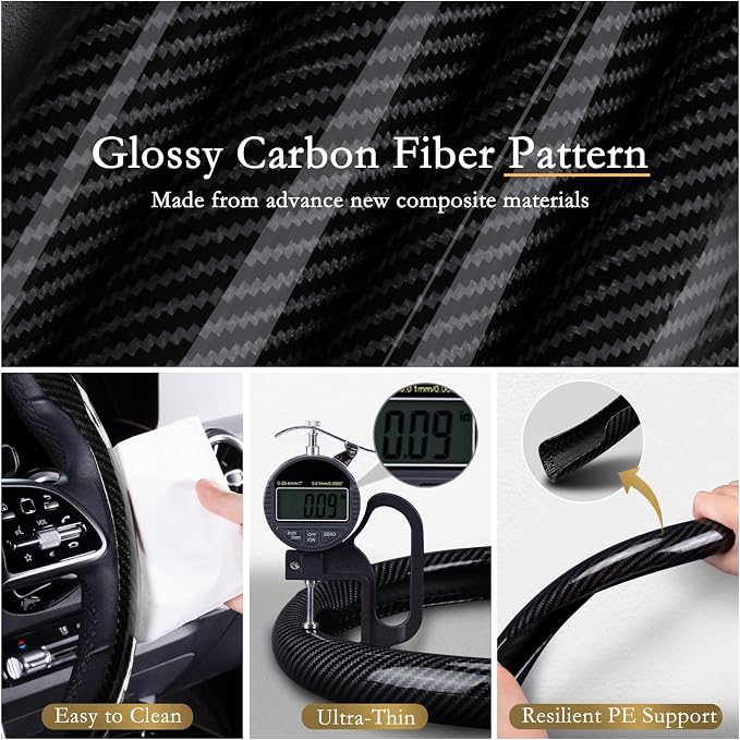 Car Steering Wheel Cover Carbon Fiber, Ultra-Thin Car Steering Wheel Cover,Comfortable & Breathable Microfiber,Universal Fit for Most Cars, Bright Black