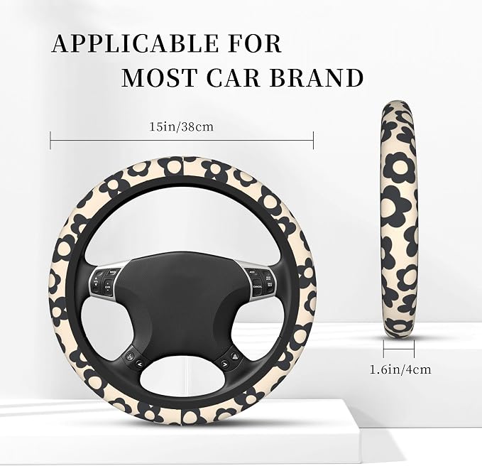 Vintage Groovy Flowers Steering Wheel Cover, Elastic Non-Slip Steering Wheel Protector,Auto Interior Decor for Women Girls,Universal 15" Fit for Sedans,Trucks