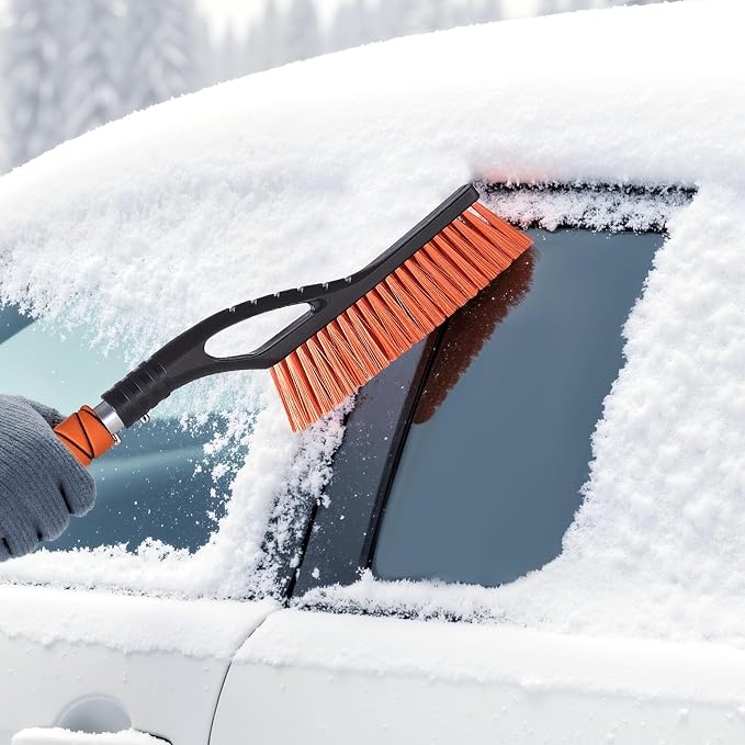 Snow Brush and Ice Scrapers for Car Windshield, 27-inch Aluminum Snow Scraper Removal Tool with Foam Grip & Scratch-Free Bristles, Detachable and Easy-to-Carry for Cars, Trucks, SUVs, RVs