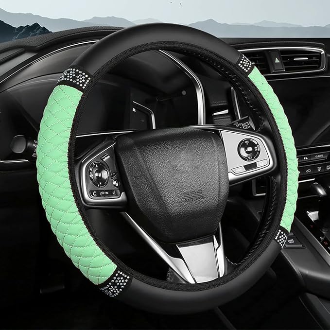 Bling Car Steering Wheel Cover, 15 Inch Rhinestones Soft Leather Elastic Steering Wheel Protector, Sparkly Crystal Diamond for Women, Car Interior Accessories for Most Cars (Green)