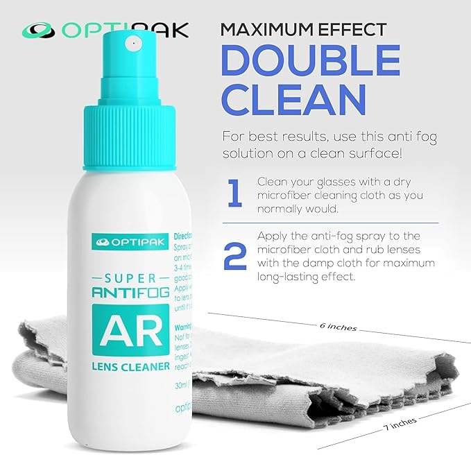 Anti Fog Lens Cleaner Spray Kit | (2x) 1oz Anti Fog Glasses Cleaner Bottle + (2x) Microfiber Cloth for Eyeglasses, Goggles, Sunglasses, Mirror - Eyeglass Defogger Spray Cleaning Kit (4 Piece Set)