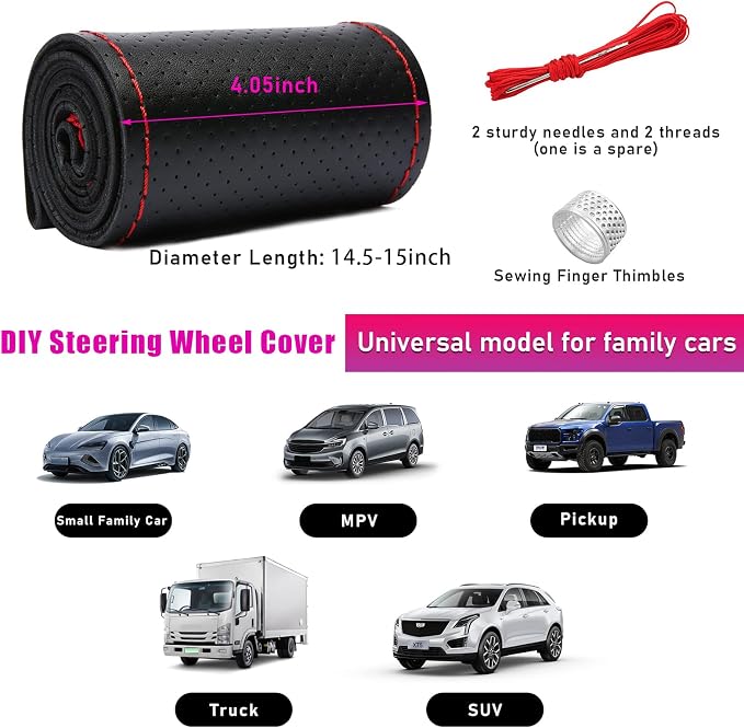 Genuine Leather Steering Wheel Cover, Stitch on Wrap, Breathable Anti-Slip Car Steering Wheel Protector for Max Diameter 15 Inch, DIY Sewing with Needles Thread (Black/Red Line, Hole)