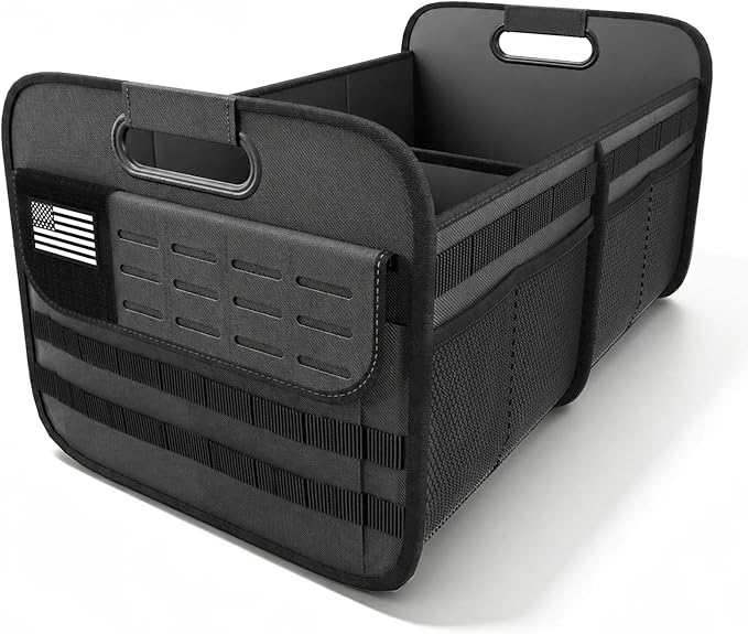 Car Trunk Organizer for SUV - 70L Collapsible Tactical MOLLE Car Storage with Reinforced Handles & Multiple Pockets, Sturdy Trunk Organizers for Groceries, Tools & Outdoor Storage (Black)