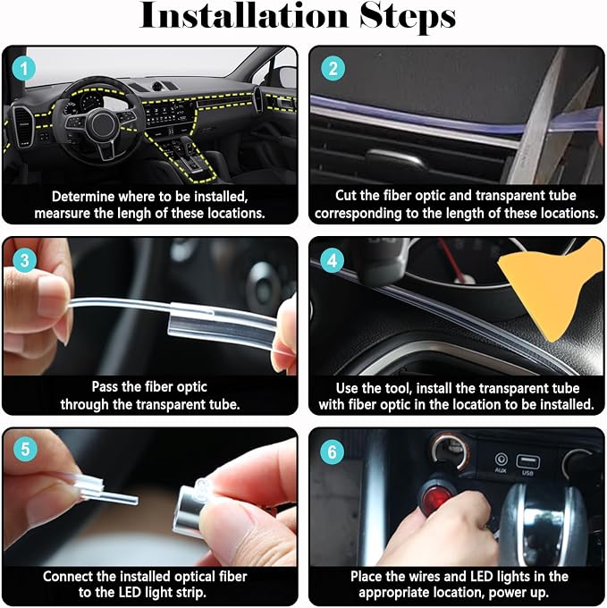Interior Car LED Strip Lights, RGB 6 in 1 Ambient Lighting Kits with 315 inches Fiber Optic, 16 Million Colors APP Wireless Control Car Neon Lights, with Music Sync Function