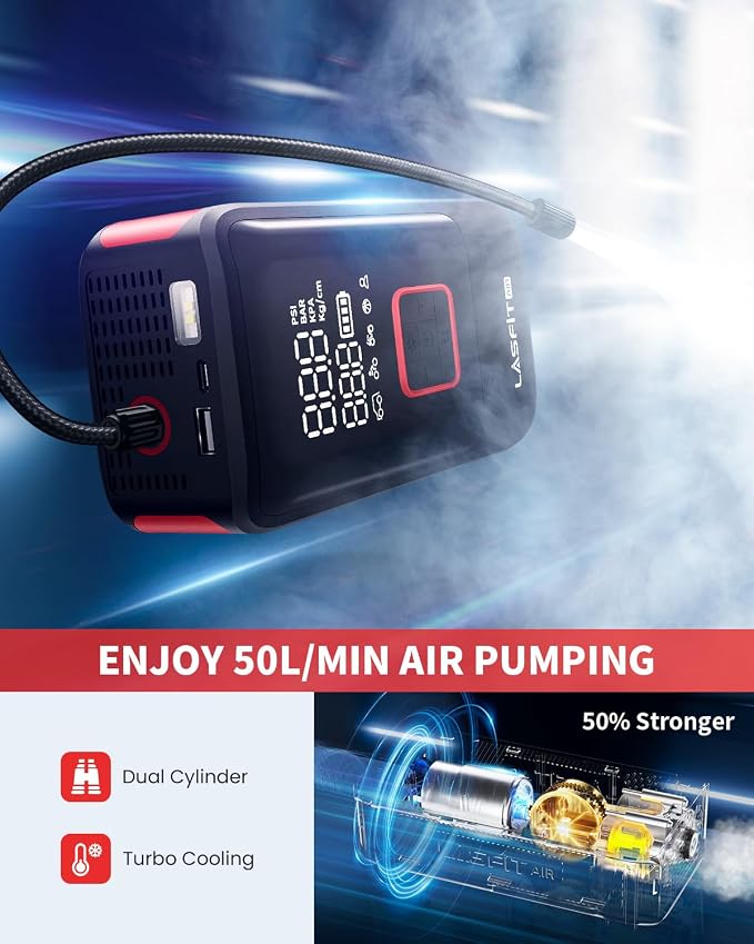 LASFIT TK1 Tire Inflator Portable Air Compressor, Cordless Tire Air Pump for Pickup Truck, SUVs, Heavy-Duty Car Air Pump with Larger 12000mAh Battery, 150PSI Digital Pressure Gauge, Smart Auto Stop