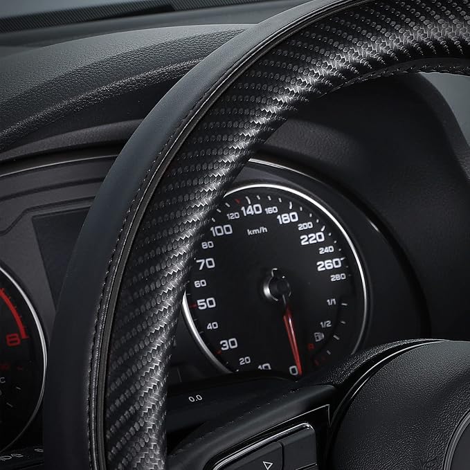 Car Steering Wheel Cover Small-Size for Prius Civic Model 3 Model Y Camaro Rogue with 14"-14 1/4" Outer Diameter Leather with Carbon Fiber Pattern Black