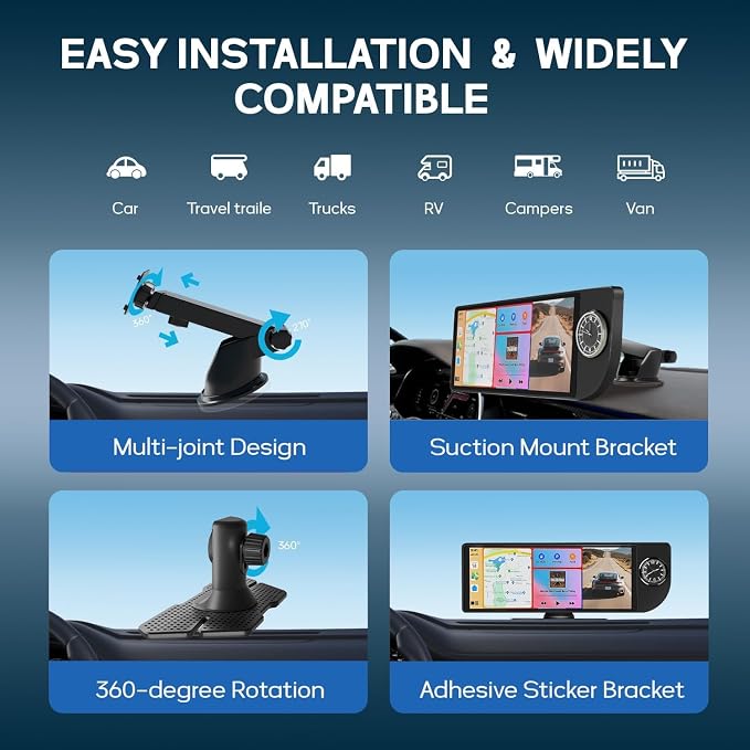 10.26" Wireless CarPlay Screen for Car, Portable Apple Car Play & Android Auto HD Touchscreen with 4K Dash Cam/1080P Backup Camera/GPS Navigation/Mirror Link/FM/Voice Control for All Vehicles