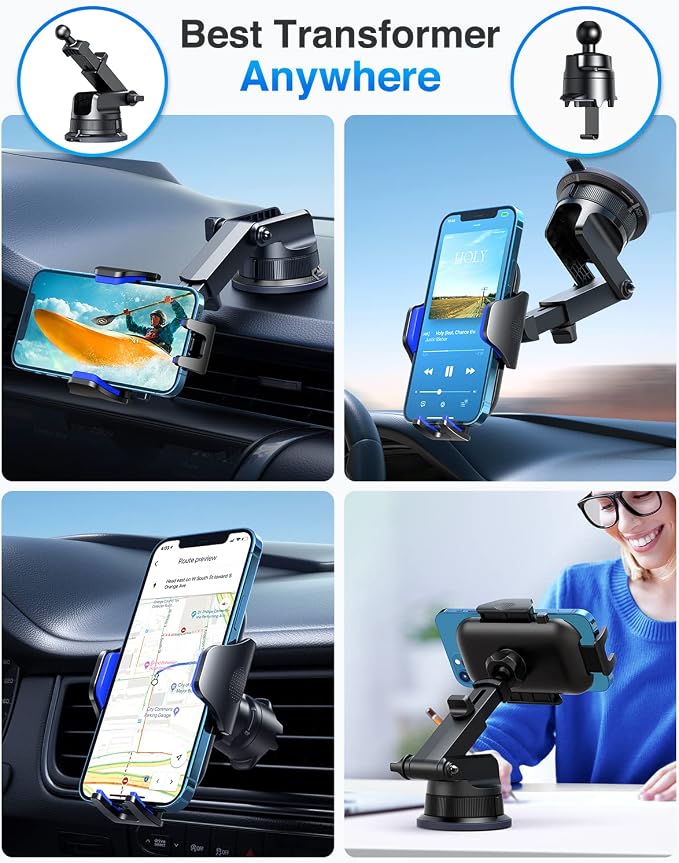 [True Military-Grade] Car Phone Holder [Best Suction & Clip] Cell Phone Mount for Dashboard Windshield Vent Truck Cradle Dash Stand for iPhone 15 Pro Max 14 13 12 Android, Blue