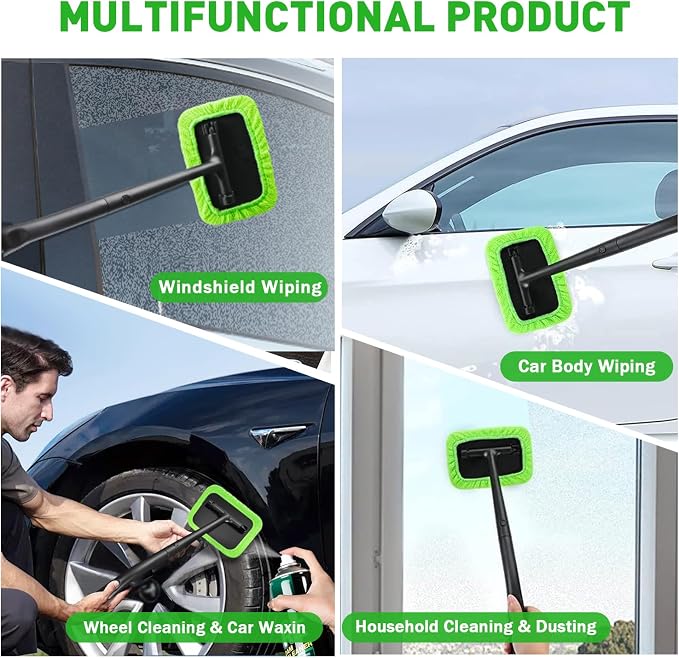 XINDELL Windshield Cleaning Tool, Driver-Control Long Reach Car Window Cleaner with Ergonomic 22" Handle & Microfiber Pads, No Streak Auto Glass Cleaner for Interior Windshield, SUV, Truck & Car Glass