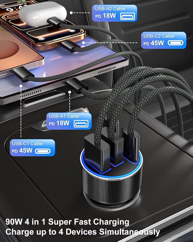 USB C Car Charger, 3 Pack 90W 4-Port Dual 45W Super Fast Car Phone Charger PD/QC 3.0 Fast Charging 12V Cigarette Lighter Adapter Plug for iPhone 17 16e 15 14 Pro Max, Galaxy S26 S25, Android