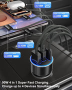 USB C Car Charger, 3 Pack 90W 4-Port Dual 45W Super Fast Car Phone Charger PD/QC 3.0 Fast Charging 12V Cigarette Lighter Adapter Plug for iPhone 17 16e 15 14 Pro Max, Galaxy S26 S25, Android
