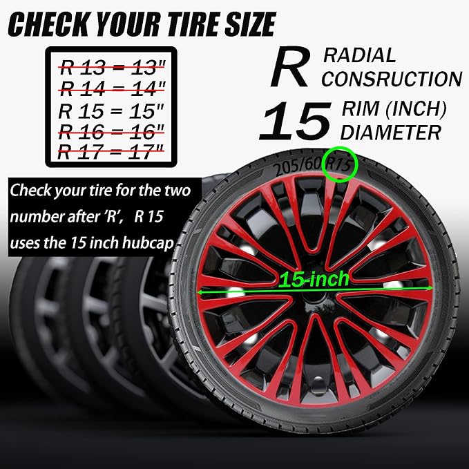 Hubcap Wheel Cover Replacement R15 Hub Caps Universal-Fit Steel Wheel Rim Cover ABS Material Exterior Accessories for Car Truck SUV -Set of 4（15-inch，Red-Black）
