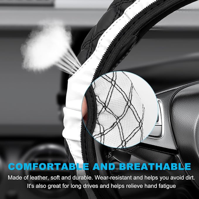 Car Steering Wheel Cover, 15 Inches Non-Slip Leather Steering Wheel Protector, Universal Soft Cover Mats for Car Truck SUV Interior Accessories (White)
