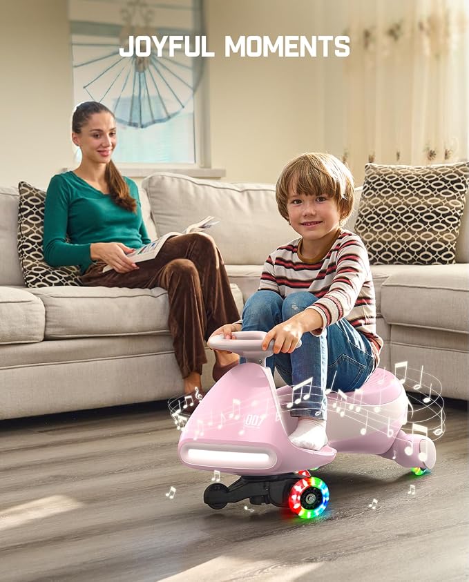 N7 Pro Electric Wiggle Car, Rechargeable Battery, CyberWiggle, 2 in 1 Swing Car, 2 Speeds Max 4 Mph, Anti-Rollover, Flashing Wheels, Bluetooth, Ages 3+, 150 Lbs,Pinkish White