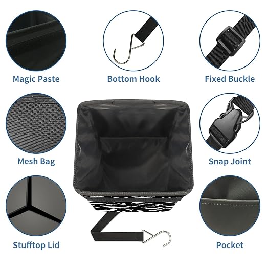 Car Trash Can with Lid Black and White Goth Bats Collapsible Reusable Leak-Proof Auto Garage Bag,Hanging Vehicle Car Accessories Interior Car Organizer