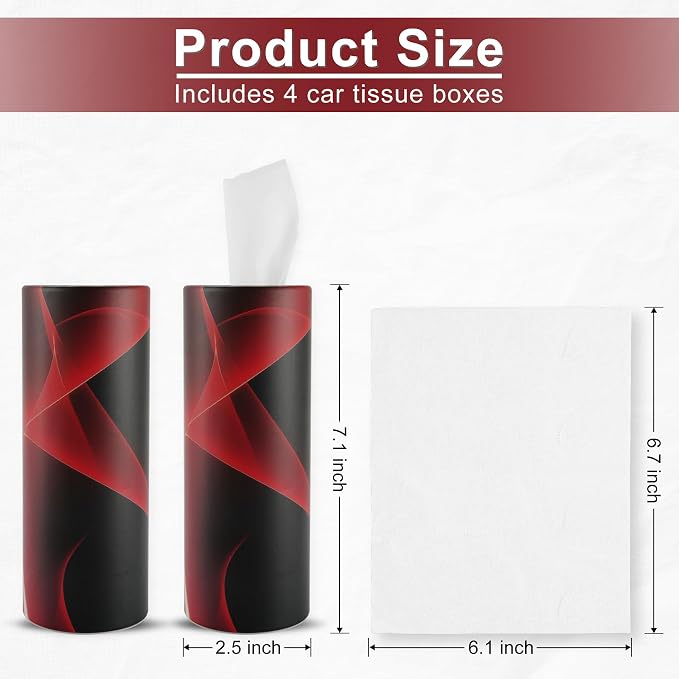 Car Tissue Holder, 4 Pack Car Cup Holder Facial Tissues with Travel Tissue Bag, Quick and Convenient Flower Combination Car Tissue Box(4 Canisters/200 Tissues) Black - Red