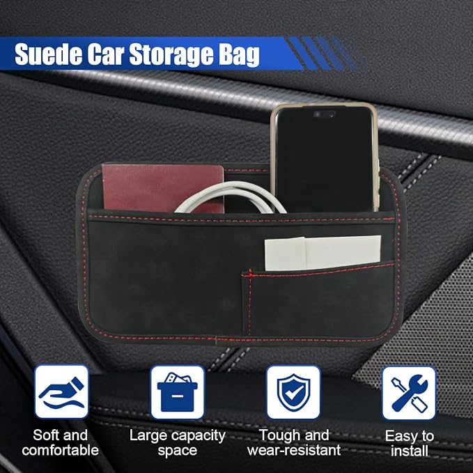 Car Seat Side Pocket Organizer, Suede Auto Door Storage Pouch, Mini Self-Adhesive Car Console Organizer, Universal Vehicle Cell Phone Holder for Key, Pen, Sunglasses(Black)