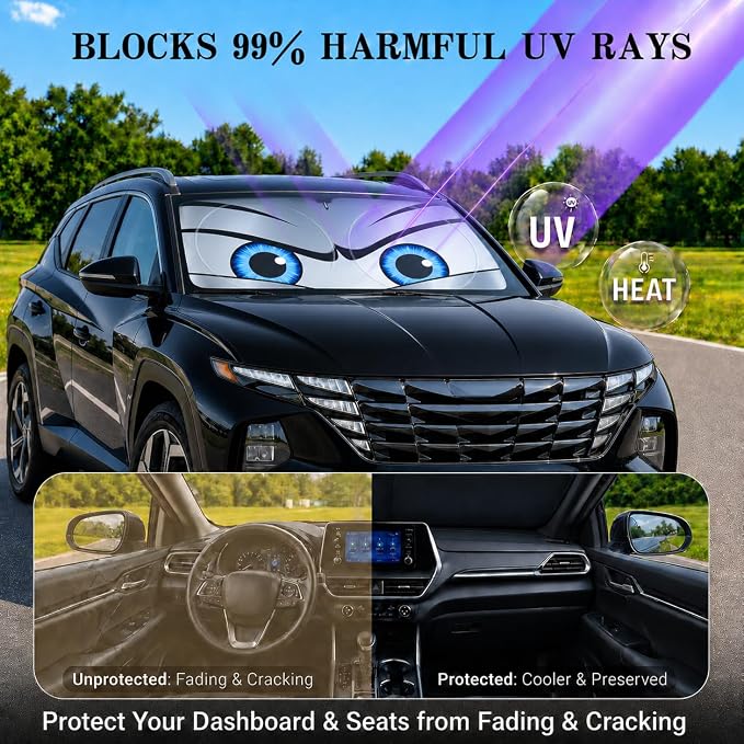Car Windshield Sun Shade, Universal Fit Midsized Sedan SUV, Sporty Silver | 63 x 31.5" Windshield Cover, Foldable Front Window Sunshade, UV Heat Protection, Cute Eyes Series