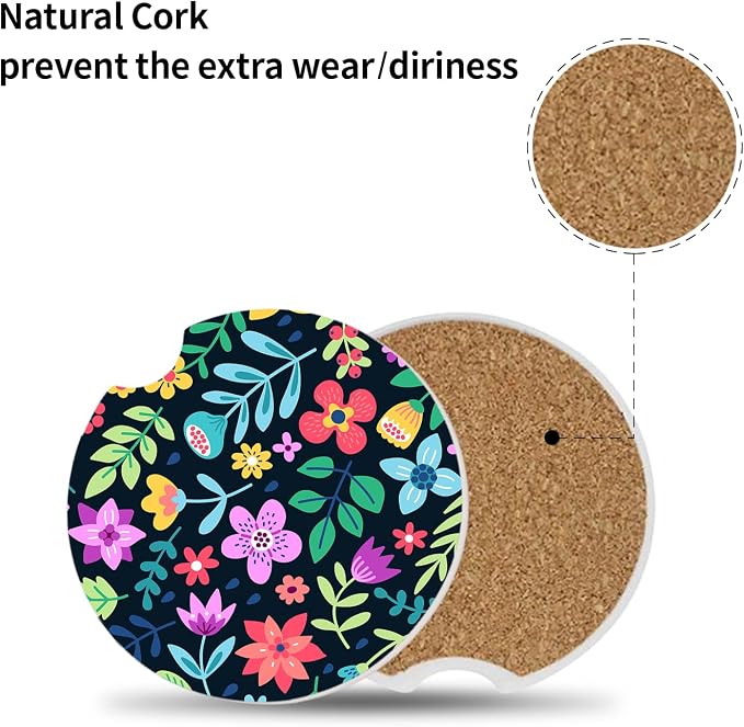 Cute Flowers Ceramic Cup Holders - Pack of 2, Keep Cup Holders Clean and Dry, Drink Cup Car Holder Coasters with A Finger Notch