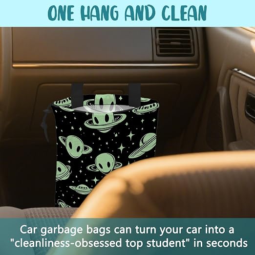 Car Trash Bag Abstract Green Aliens and UFO Leak-Proof Car Garbage Bag with Drawstring Foldable Canvas Trash Bin with Adjustable Buckle for Car Accessories