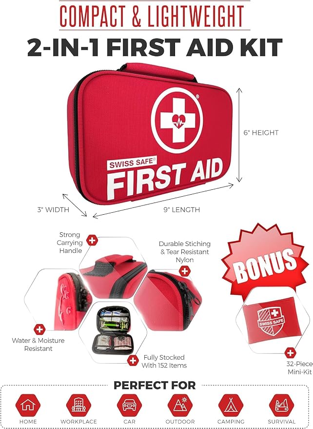2-in-1 First Aid Kit for Car, Travel & Home, Businesses - Bonus Mini Kit for Medical Emergency Aid, Survival, Camping - 120+32 Pcs, Small+Travel FAK