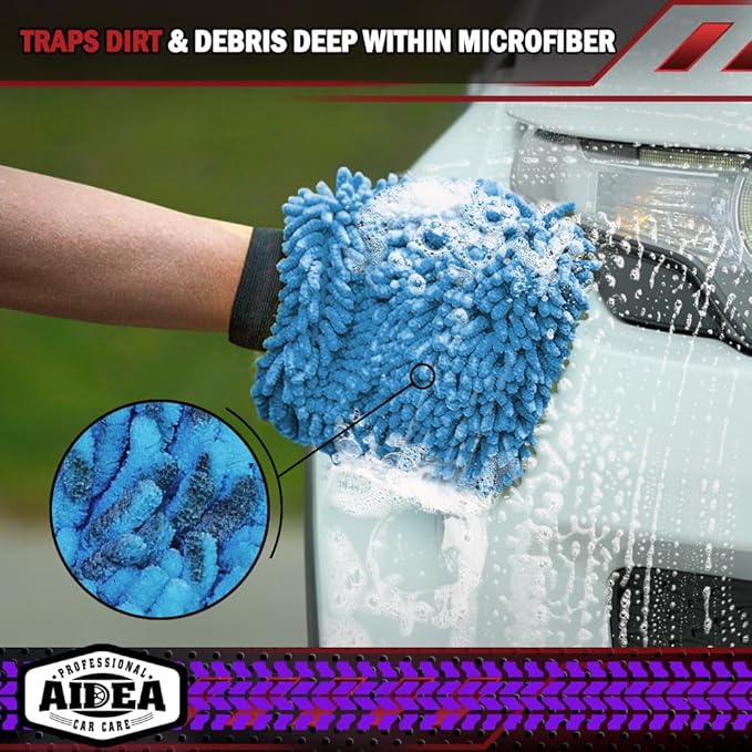 AIDEA Car Wash Mitt Microfiber, 2PK, Car Wash Brush, Blue, 7.12' X10.14'' | Scratch Free Lint Free Premium Chenille Microfiber Mitt, Cleaning Supplies, Regular Size