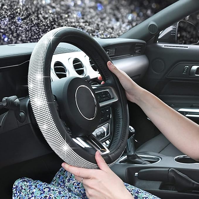 Bling Silver Diamond Leather Steering Wheel Cover, with Sparkly Crystal Glitter Rhinestone Universal Fit 13" 1/2-14" Small Car Wheel Protector for Women Girl Fit Car,SUV,Van,Sedan, Silver