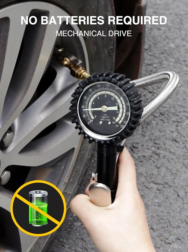 Heavy Duty Tire Pressure Gauge, Tire Inflator Gauge 230PSI Air Chuck Air Compressor Attachments, with Steel Braided Hose, Large 2.6" Glow Dial & Quick Connect Coupler, for Truck/Car/SUV/RV/Bike