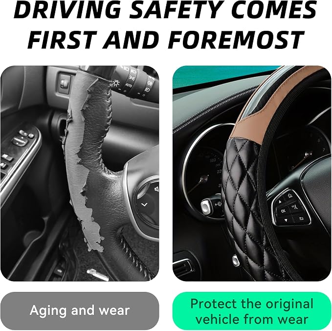 Car Steering Wheel Cover, 14.5-15inch Leather Anti-Slip Car Wheel Cover Protector, Safety Comfortable Desgin, Universal Auto Steering Wheels Accessories for Cars Truck SUV (Beige)