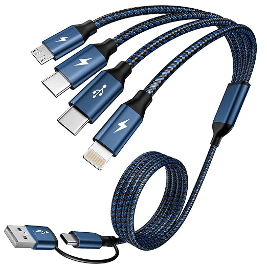 4 in 2 Multi Charging Cable,Dual Type-C Multiple Charger Cable,USB A/C Charging Cables for Multiple Devices with IP/Micro/USBC Port, Universal USB C Cable Phone Charger Cord for iPhone 16-12,Navy
