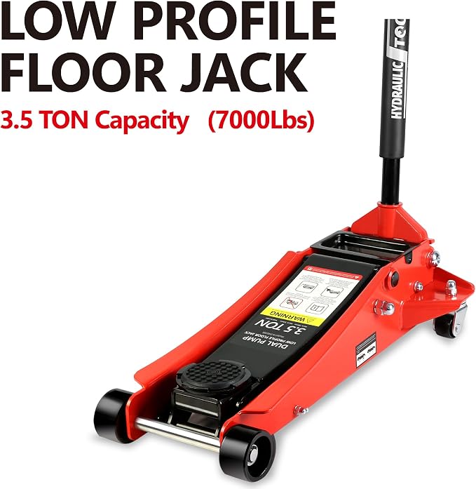 3.5 Ton Low Profile Trolley Floor Jack,Professional Steel Racing Jack with Dual Pistons Quick Lift Pump,Red Heavy Duty Hydraulic Lifting Range 4''-21'',3.5 (7,000 lb) Capacity