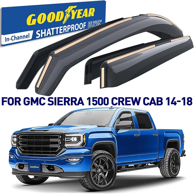 Goodyear Shatterproof in-Channel Window Deflectors for GMC Sierra 2014-2018 Crew Cab, Rain Guards, Window Visors for Cars, Vent Deflector, Car Accessories, 4 pcs - GY009002
