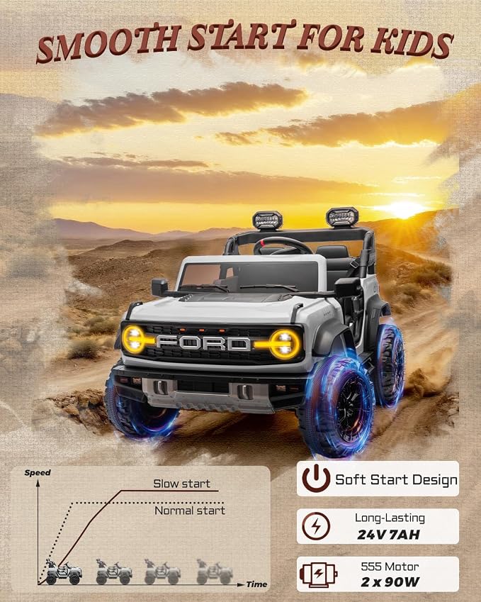 Licensed Ford Bronco Raptor 24V 2 Seater Kids Ride on Toys, Battery Powered Electric Ride on Car, Remote Control Electric Car w/Led Lights, Music, High Low Speed (24V, White)