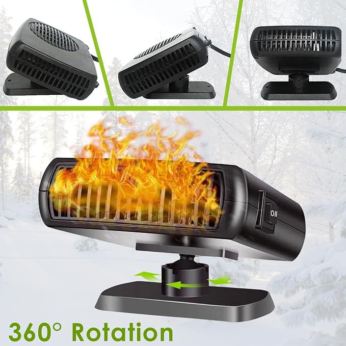 Car Heater, 12V 200W Portable Car Demister Windshield Defogger and Defroster Fast Heating&Cooling Fans with Cigarette Lighter Plug/Ergonomic Handheld/360° Rotary Base for Cars, SUV, Jeeps, Trucks, MPV
