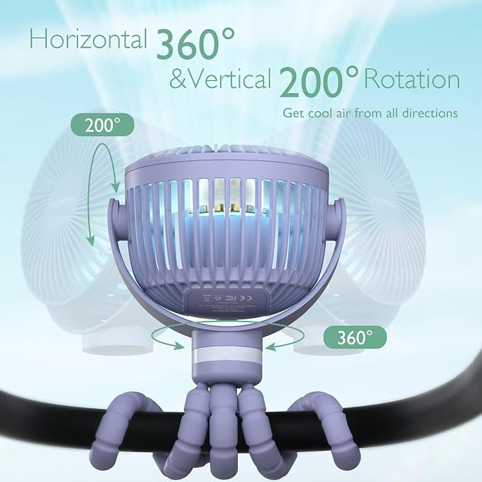 8000mAh Portable Stroller Fan, 27H Ultra-long Battery Life Detachable 4 Speed 360°Rotate LED Night Light with 2 Modes, USB Rechargeable Handheld Cooling Fan for Travel/Car Seat/Bedroom