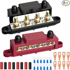 Power Distribution Block Bus Bar, 4 x 5/16" Post Marine Bus Bar Battery Busbar Terminal Block with Cover, Lugs, Ring Terminals (Pair, Red & Black)