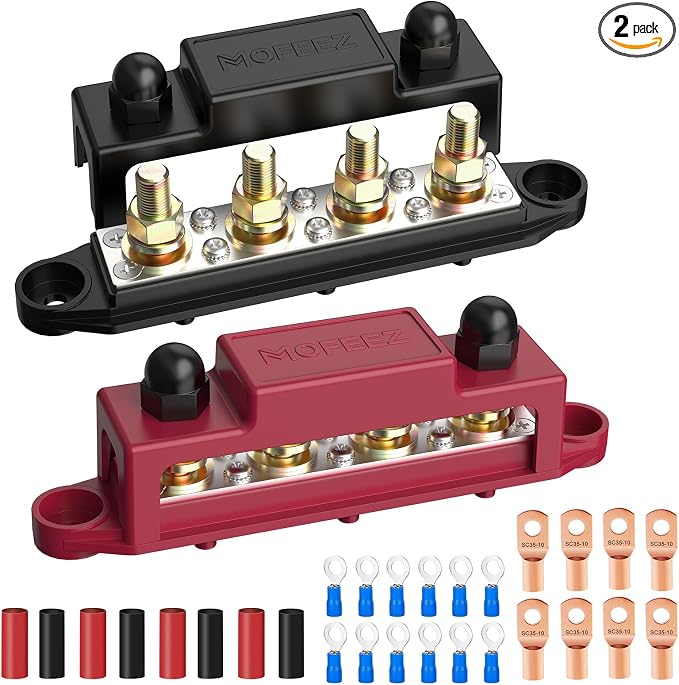Power Distribution Block Bus Bar, 4 x 5/16" Post Marine Bus Bar Battery Busbar Terminal Block with Cover, Lugs, Ring Terminals (Pair, Red & Black)