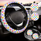 Checkered Steering Wheel Cover for Women,Universal Auto Steering Wheel 14-15 Inch Car Interior Accessories with 2PCS Car Coasters,Suitable for Men and Women