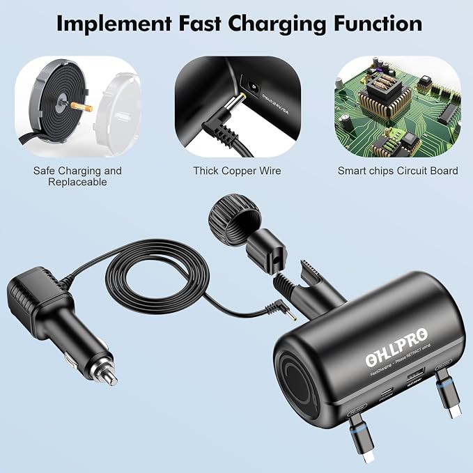Multi Car Retractable Backseat 4 in 1 Car Charging Station Box Compatible with All Phones | iPhone | Samsung | Uber Taxi Lyft Turo Ride Share Customer Charging Dock Attach to Headrest