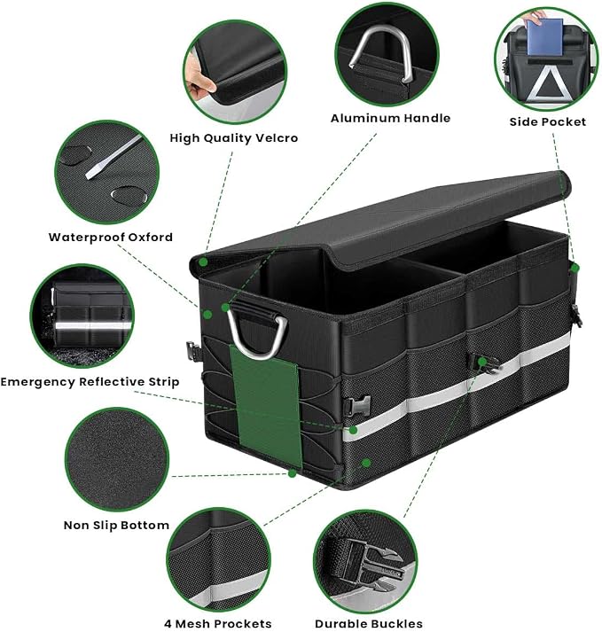 Trunk Organizer With Waterproof Bag, Collapsible Multi Compartment Storage for Car, SUV, Sedan, Truck - Non Slip Bottom, Aluminium Handle (Black, Large 66L)