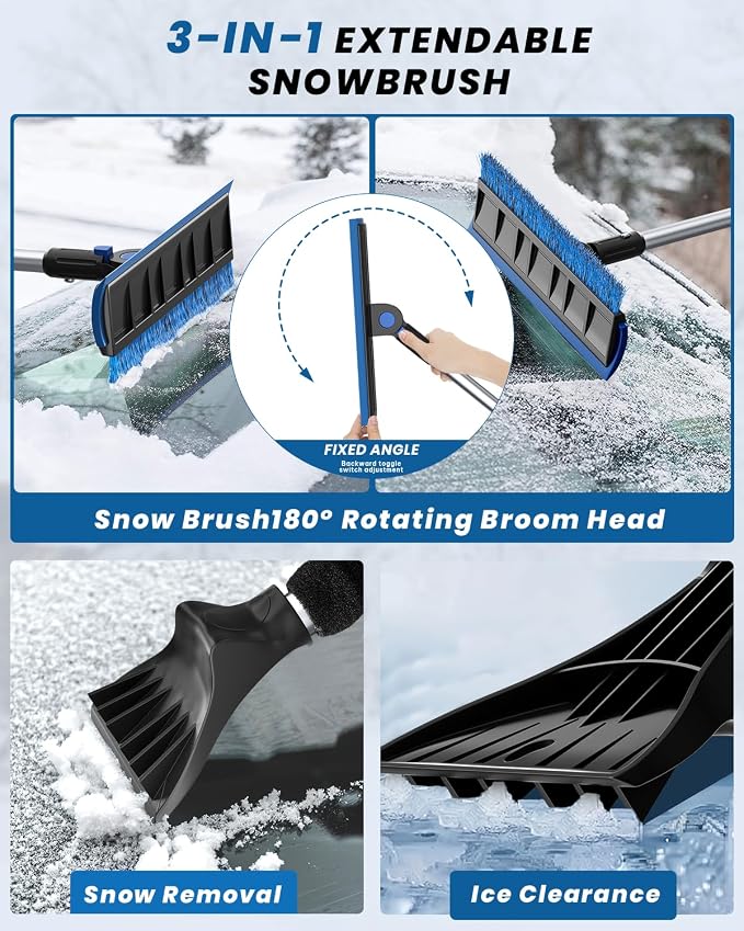 2025 Extra Long 55.7" Ice Scrapers for Car Windshield Multi-Functional Detachable Car Ice Scraper with Foam Grip and 270° Pivoting Brush Head Snow Brush for SUV Truck Auto (Blue)